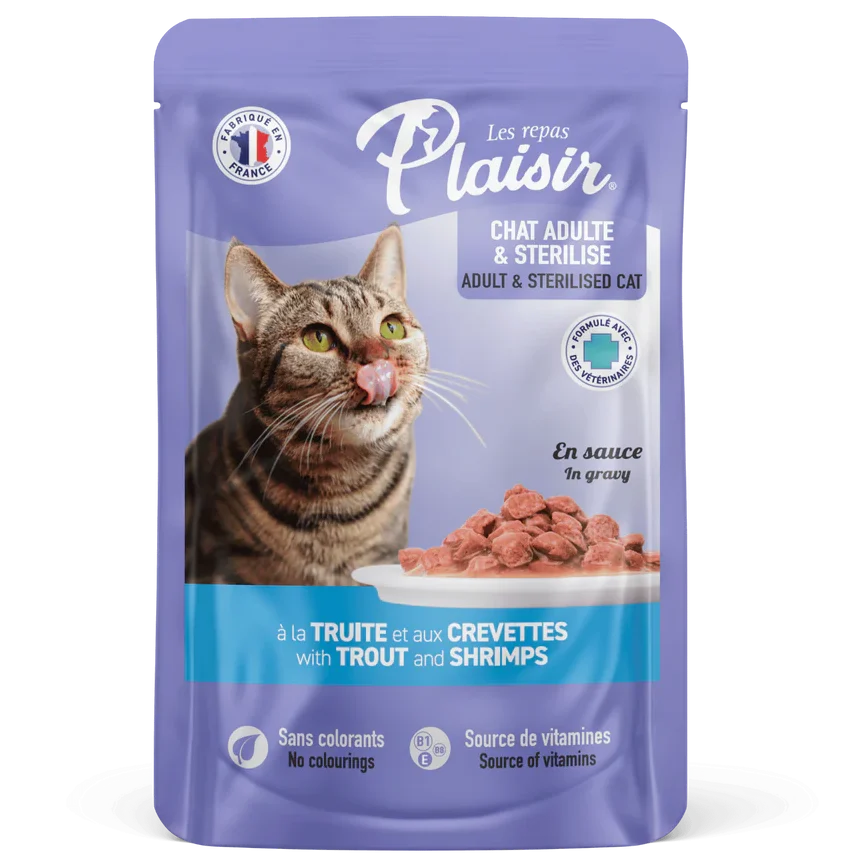 Sachets fraîcheur 100g d'émincés au Truite et Crevette en sauce (convient pour chat stérilisé)