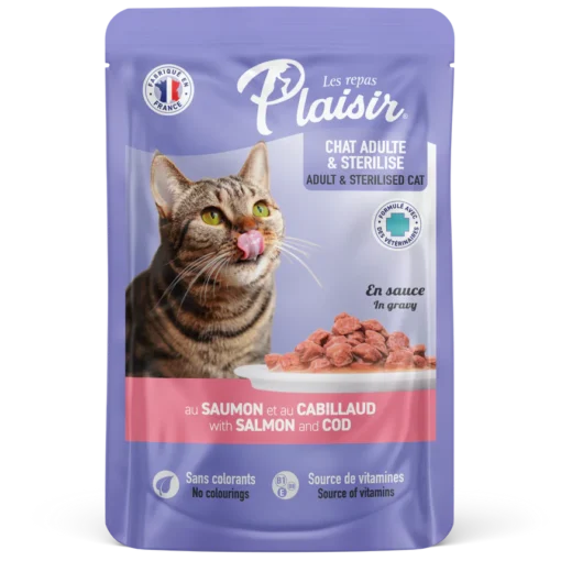 Sachets fraîcheur 100g d'émincés au Saumon et Cabillaud en sauce (convient pour chat stérilisé)