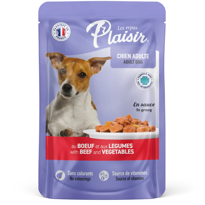 Sachet fraîcheur 100g d'émincés au BOEUF et aux Légumes en sauce (chien adulte)