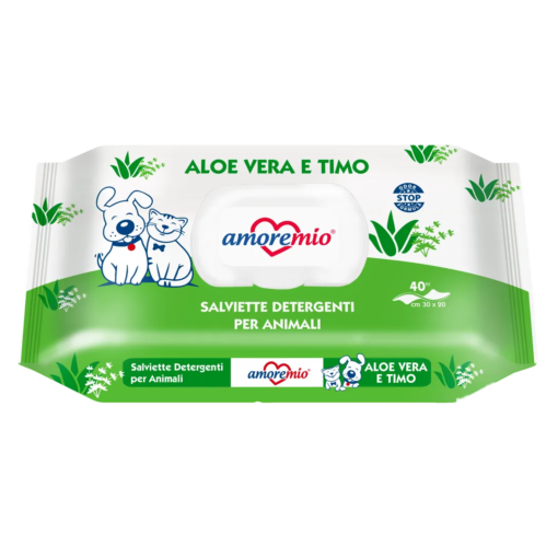 Lingettes Amoremio humides pour chiens et chats (40 PCS) Aloe Vera et Thym