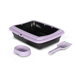 Bac à litière pour Chat, inclus pelle et gamelle (Beige | Violet)