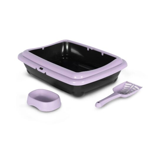 Bac à litière pour Chat, inclus pelle et gamelle (Beige | Violet)