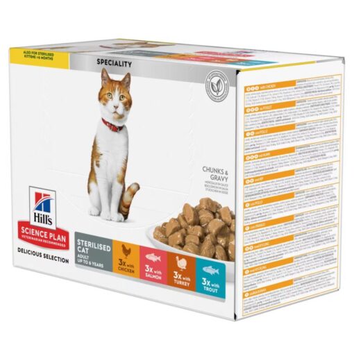 Hill’s Science Plan Sachets Pâtée pour Chat Adulte Stérilisé (1-6) – au Poulet à la Truite à la Dinde au Saumon (12x85g)