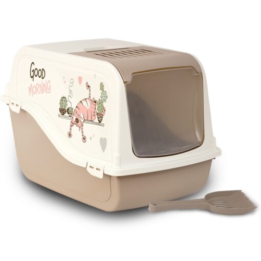 Bac à litière fermé pour chat Marron Blanc avec Motifs
