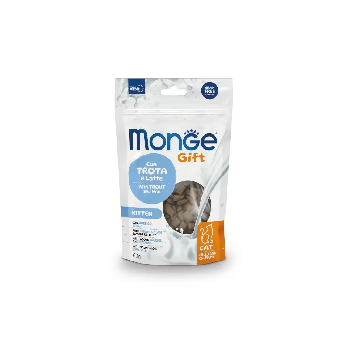 Monge Friandises pour Chaton Kitten Fourrée et Croustillante à la Truite et au Lait 60g