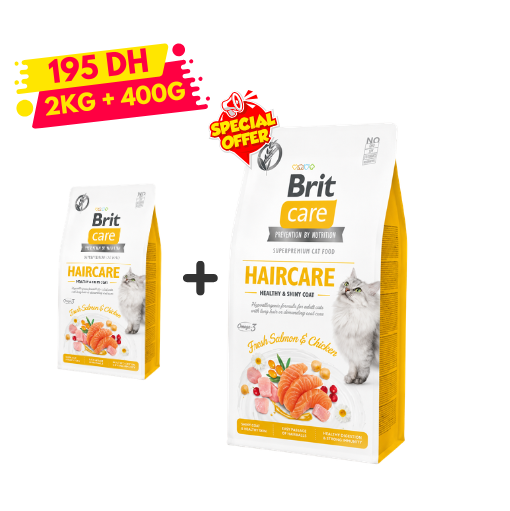 Brit Care Cat Grain-Free HAIRCARE HEALTHY AND SHINY COAT 2kg +400g Gratuit