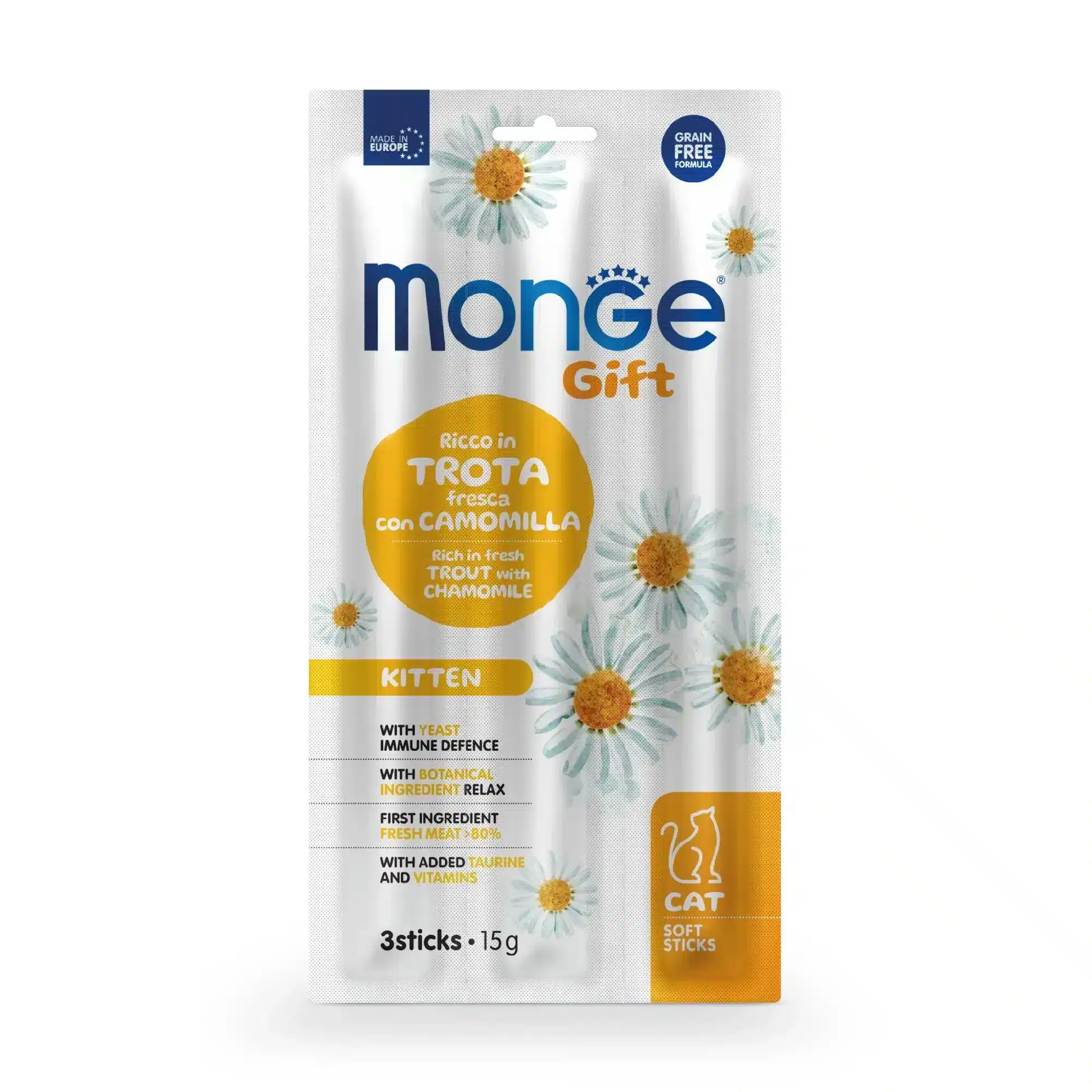 Monge Gift Bâtonnets Tendres Pour Chatons Riches En Truite Fraîche Et à La Camomille 3x15g